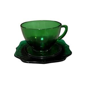 Mid Century Modern Forest Green Tempered Glass Teacup & Saucer